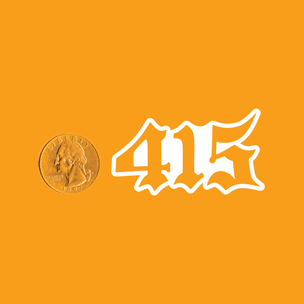 A white gothic-style '415' graphic decal shown next to a US quarter coin for scale on a solid orange background.